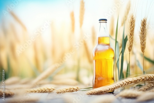 high angle of wheat beer bottle among fresh wheat