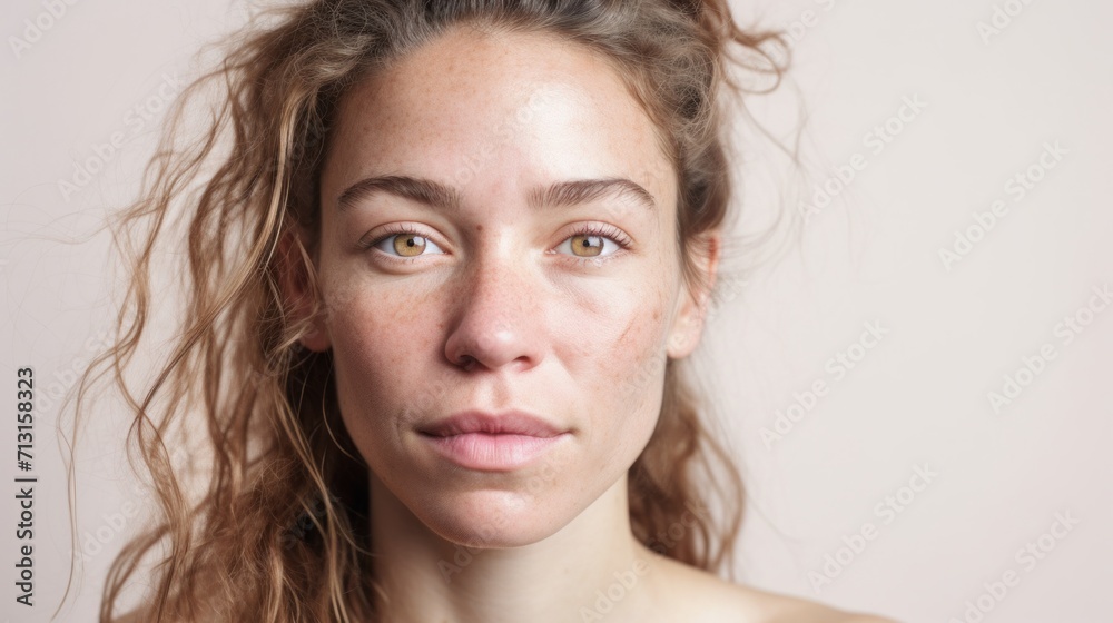 An up-close image of a Caucasian woman, revealing the authenticity of her imperfect skin, set against a light beige studio backdrop. An up-close image of a Caucasian woman, revealing the authenticity of her imperfect skin, set against a light beige studio backdrop.