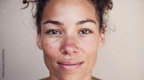 A close-up shot reveals the imperfect skin of a Caucasian woman as she confidently poses against a light beige studio background.