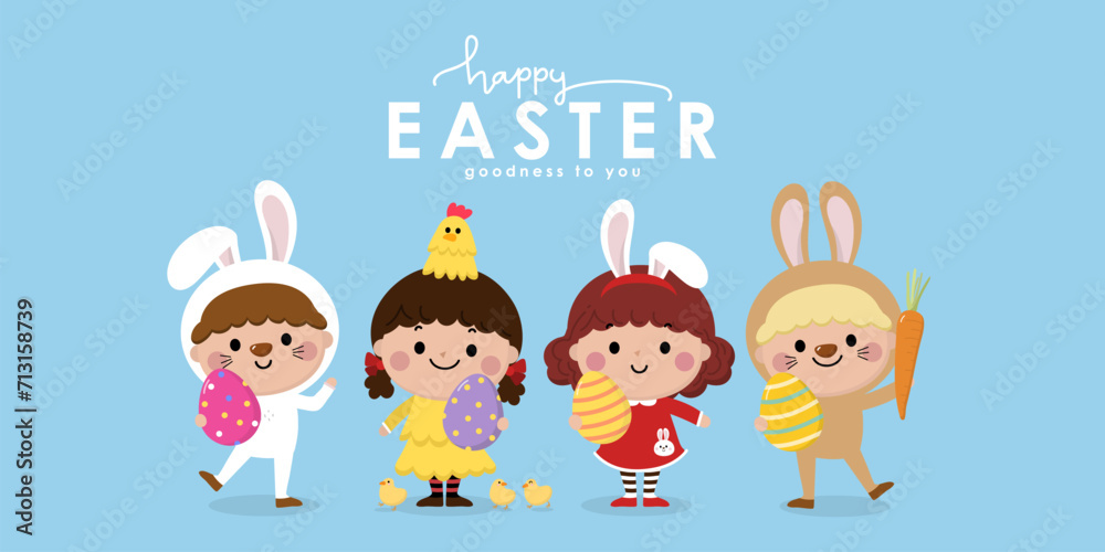 Happy Easter greeting card with cute kids in bunny and chicken costume. Boys and girls with colourful eggs. Holidays cartoon character set. -Vector. Happy Easter greeting card with cute kids in bunny and chicken costume. Boys and girls with colourful eggs. Holidays cartoon character set. -Vector.