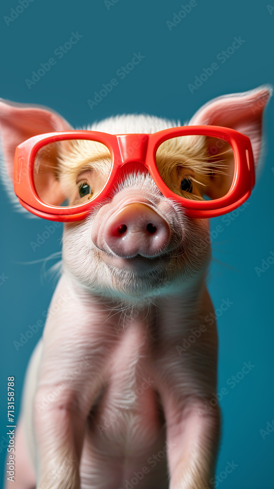 Creative portrait of a piglet wearing bright red goggles.