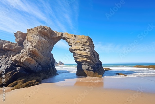 sea arch formed in coastal cliffs with clear blue sky