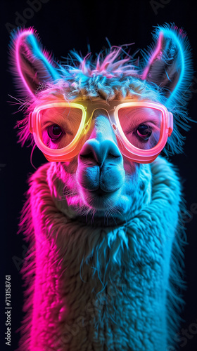 Creative portrait of a llama wearing neon goggles.