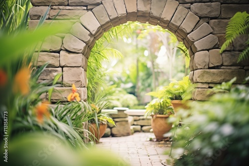 stone wall archway in lush garden