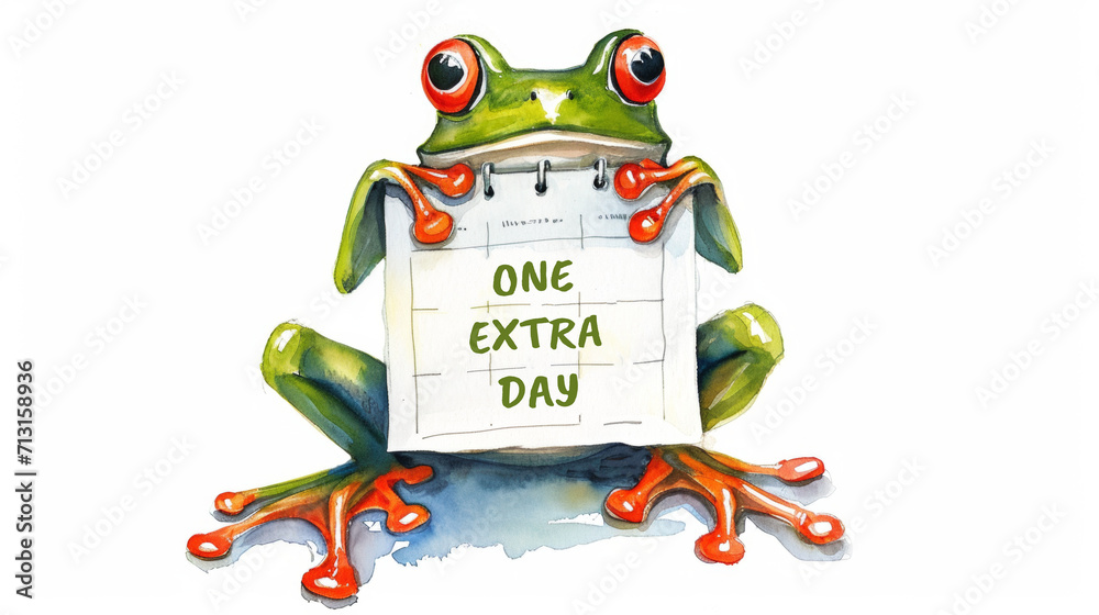 Leap day, one extra day, Leap year 29 February 2024 watercolor illustration. Cute Green Frog with calendar and text One Extra Day. - obrazy, fototapety, plakaty 