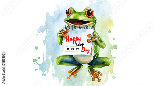 Leap day, one extra day, Leap year 29 February 2024 watercolor illustration. Cute Green Frog with calendar and text Happy Leap Day.