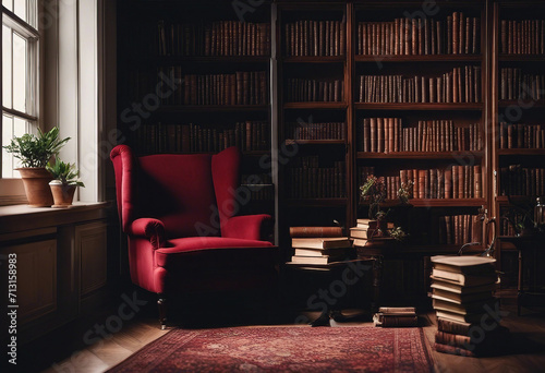 Arm chair in a room with book shelves