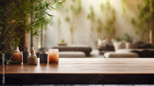 Wooden table spa bokeh background  empty wood desk product display mockup with relaxing wellness massage salon blurry abstract backdrop  body care cosmetic ads presentation. Mock up  copy space.