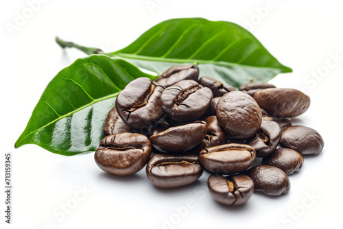 Coffee beans with coffee leaves on white background