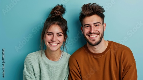 Happy couple with stylish hair posing joyfully in a studio.