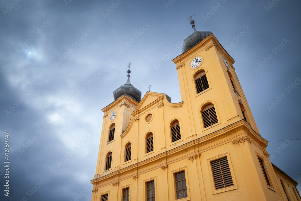 Panorama of the church of saint michael of Osijek, croatia, during a cloudy afternoon. Also called Crkva Svetog Mihaela, it's a croatian roman catholic church.