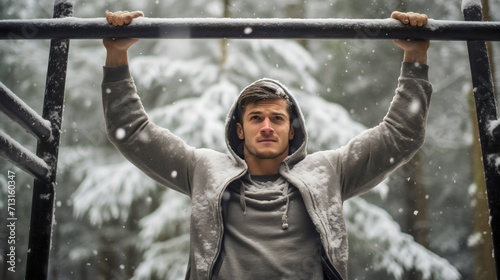 Handsome muscular young man working outdoors in the calisthenics or street workout park during winter season, snow falling, cold weather. Youthful male athlete hanging on the bars outside, training photo