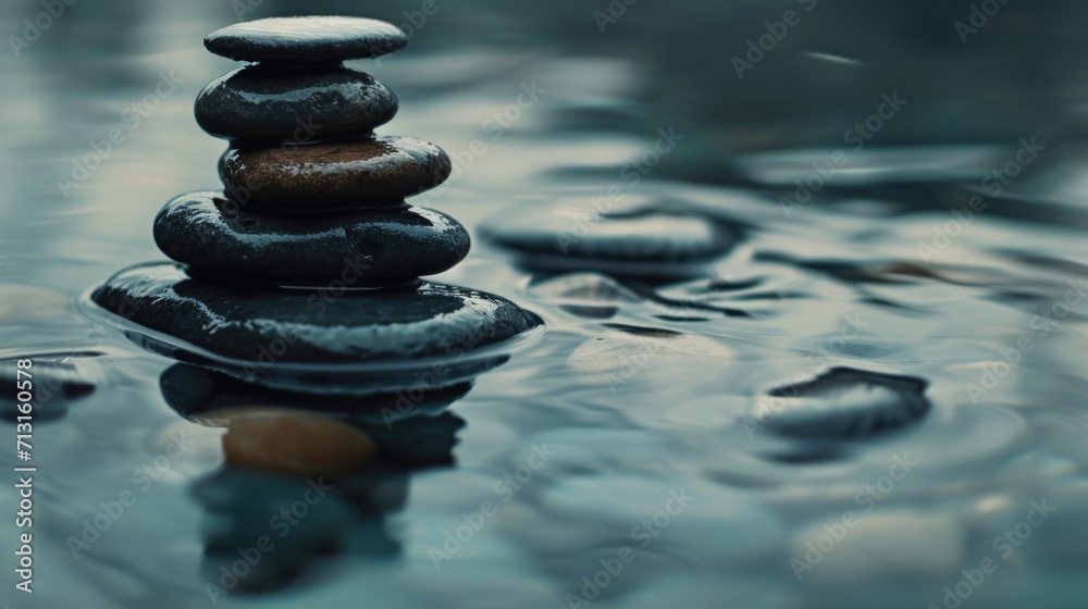 A stack of rocks sitting on top of a body of water. Can be used to represent balance, harmony, or tranquility. A stack of rocks sitting on top of a body of water. Can be used to represent balance, harmony, or tranquility.