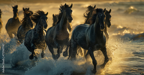 Running herd of horse herds along the seashore against the background of the setting sun
