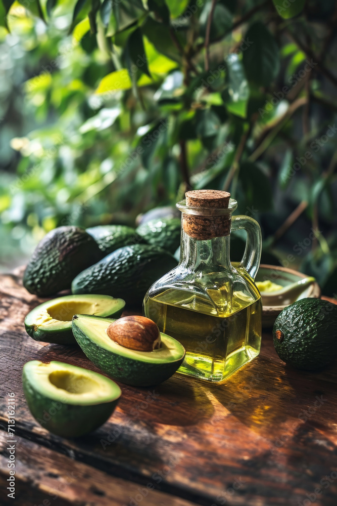 Avocado oil in a glass bottle on a wooden table next to cut avocado fruit against a background of foliage Avocado oil in a glass bottle on a wooden table next to cut avocado fruit against a background of foliage