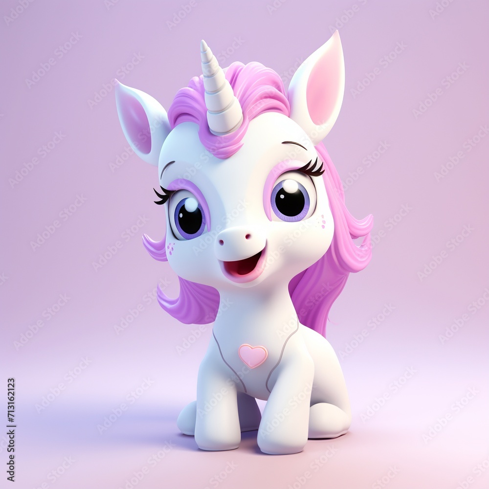 Fototapeta premium Cute unicorn with pink hair on a purple background. 3d rendering. AI.