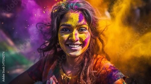 Portrait of a happy young woman playing Holi color festival.AI.