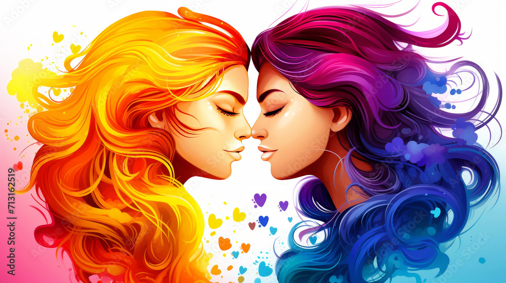 Two beautiful lesbians with voluminous multi-colored hair, whose profiles touch and form a heart shape. Happy colorful character. LGBT girls. The concept of love and freedom of relationships.