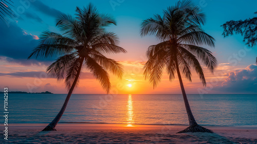 Tropical Sunset Between Palm Trees
