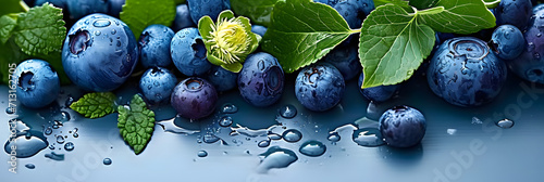 fresh blueberries with drops of water on the leaves, Concept: naturalness and freshness of the berries. Light background. photo
