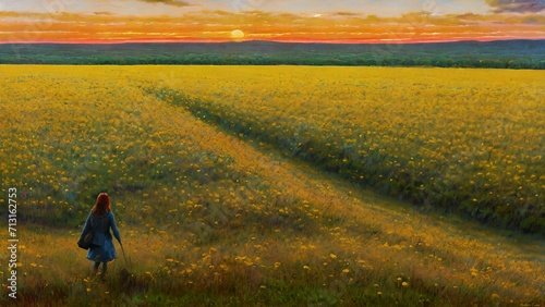 Frame Art, TV Art, woman traveling alone, person walking in the field, wild flower field, flower meadow, vintage oil painting, printable digital art