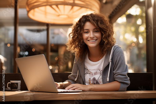 Chica joven  feliz estudiando online en su portátil en un pub moderno. curso de e-learning videoconferencia photo