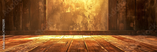 warm, golden glow of sunlight streaming across a rustic wooden floor and weathered wall, creating an atmosphere filled with nostalgia and warmth