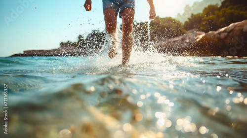 Fotografia Low angle photography of a young man running or walking in sea, river or lake water on a sunny summer day