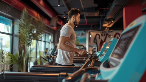 Handsome young man walking or running on a treadmill machine in the modern gym interior. Side view photography of a youthful male person exercising, cardio workout, healthy lifestyle, active training