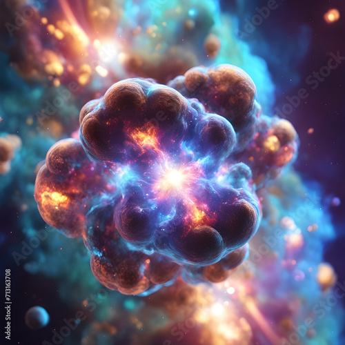 A colorized atom in a nebula wallpaper or background