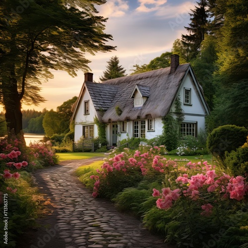 Image of a fantasy cottage with flower garden, generative ai.