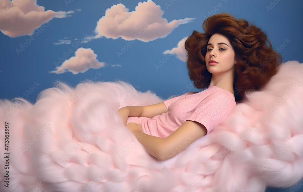 Woman resting on pink fluffy clouds created with Generative AI technology