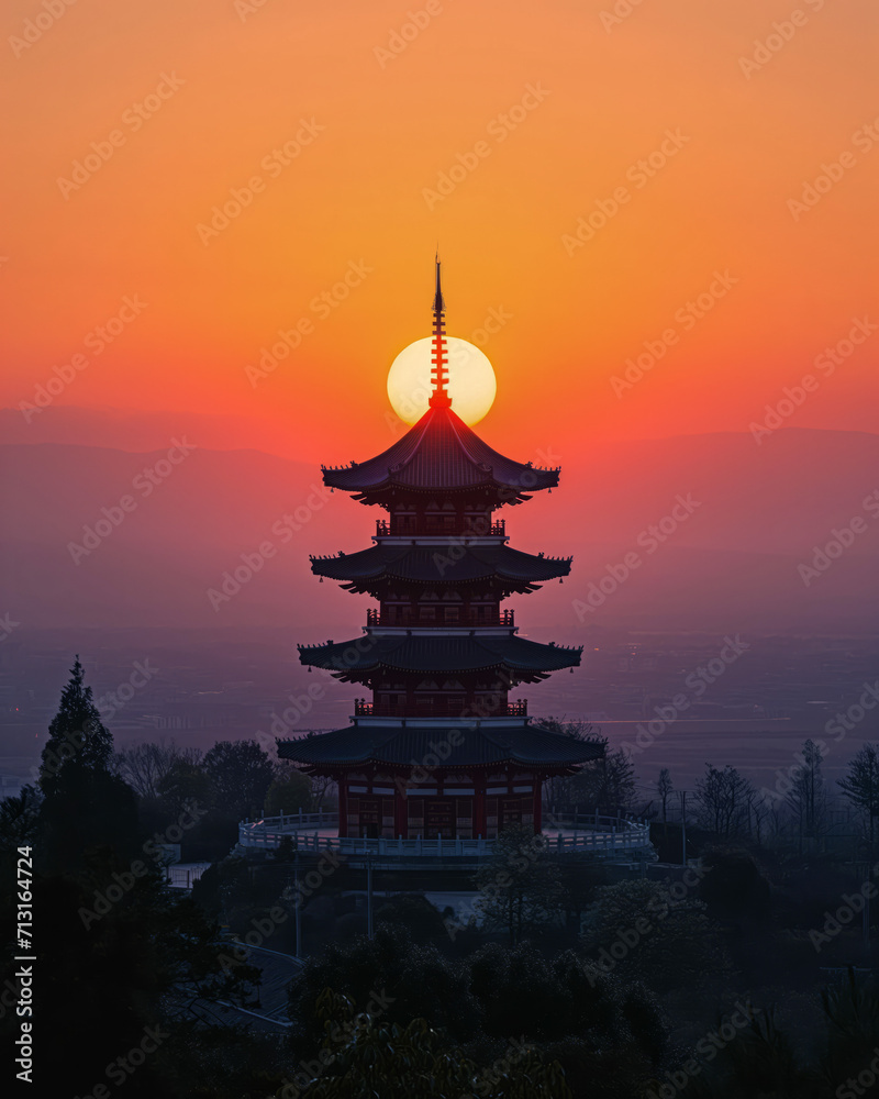 Fototapeta premium Sun Aligning with Pagoda Roof