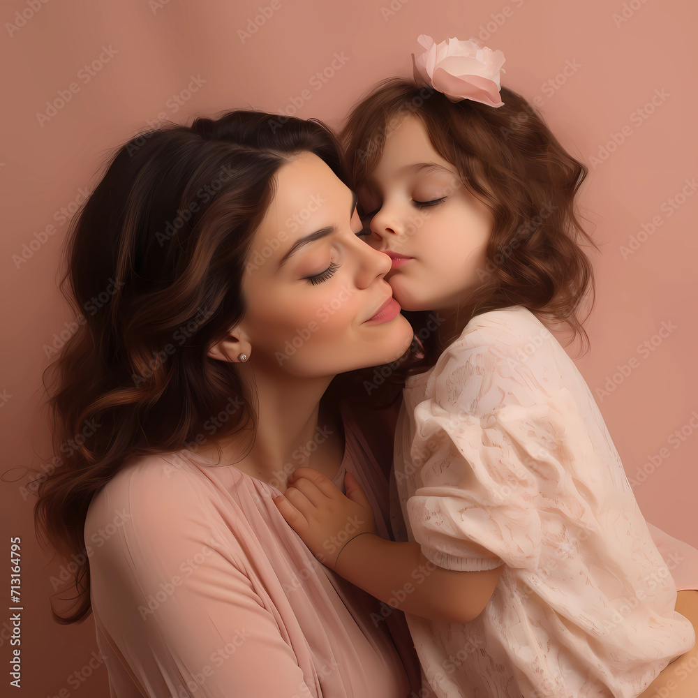 mother and child, a cute little girl giving a kiss on his mother's cheek, on soft background , mothers day 