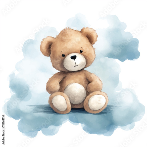 Vector illustration in watercolor style of a teddy bear sitting on a fluffy cloud