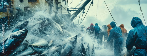 Off loading fresh caught Tuna fishes at harbor. Slight motion blur.  Northern ocean fishery, fishing industry.  photo