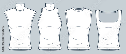 Sleeveless T-Shirt technical fashion illustration. Slim Fit Top fashion flat technical drawing template, round neck, roll neck, square neck, front view, white, women, men, unisex Top CAD mockup set. photo