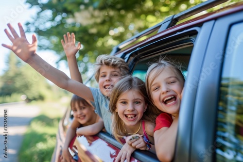 Group of children waving from car window on a sunny day