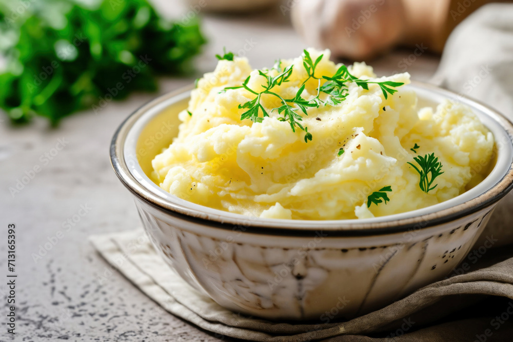 A bowl of homemade mashed potatoes topped with fresh herbs, captured in a bright, modern kitchen setting A bowl of homemade mashed potatoes topped with fresh herbs, captured in a bright, modern kitchen setting