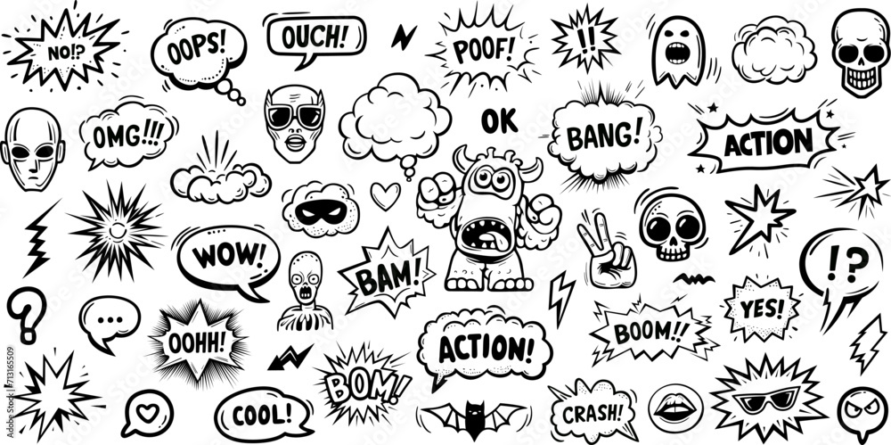 Obraz premium Set of hand drawn elements doodle comics isolated on white background. Speech bubbles with the words bam, boom, pow, poof, bang, crash
