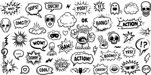  Set of hand drawn elements doodle comics isolated on white background. Speech bubbles with the words bam, boom, pow, poof, bang, crash photo