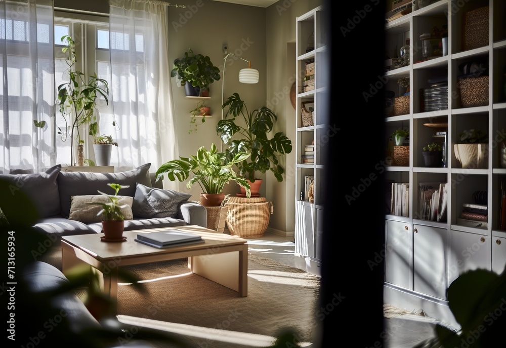 Fototapeta premium Wooden coffee table with grey sofa and houseplant. Sunny living room