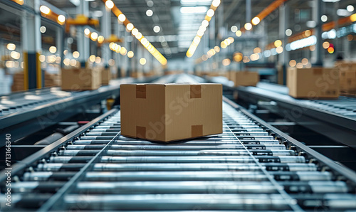 Cardboard boxes on conveyor rollers ready to be shipped by courier for distribution.