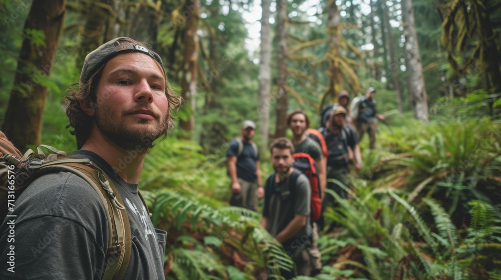a man with friends, magazine photography, group of friends hiking in a lush forest