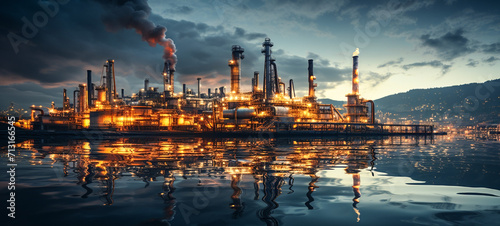 Stunning Nighttime View of a Vast Oil Refinery with Majestic Smoke Stacks and Water Reflection