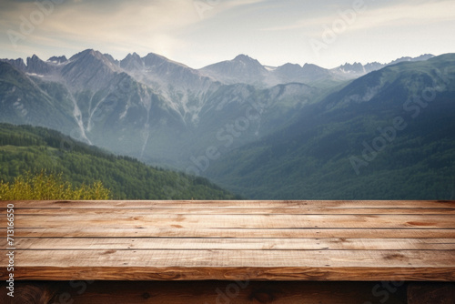 Wooden table mountains bokeh background, empty wood desk surface product display mockup with blurry nature hills landscape abstract travel backdrop advertising presentation. Mock up, copy space.