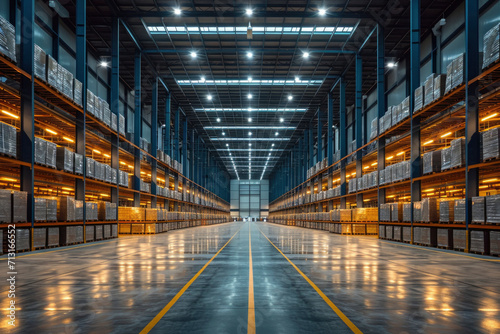 Modern warehouse interior with shelves and boxes.