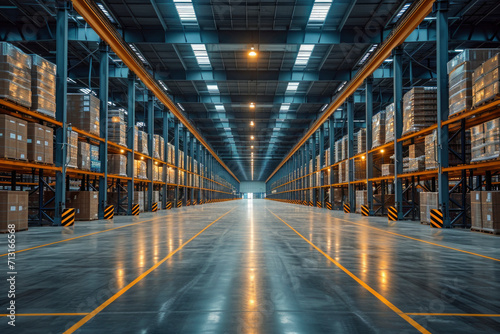 Modern warehouse interior with shelves and boxes