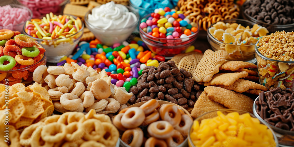 various snacks and sweets on a sweet table with desserts, gummy worms and cereals various snacks and sweets on a sweet table with desserts, gummy worms and cereals