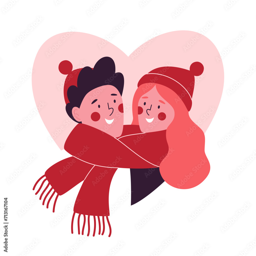 Couple in love in one shared scarf. Romantic on February 14. Valentine's day vector illustration Couple in love in one shared scarf. Romantic on February 14. Valentine's day vector illustration